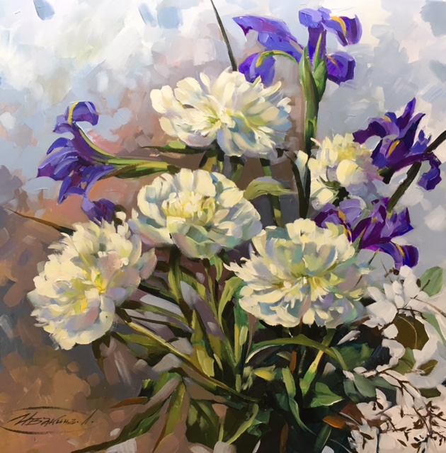 White Peonies and Purple Irises square