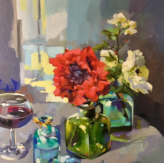 flowers and red wine