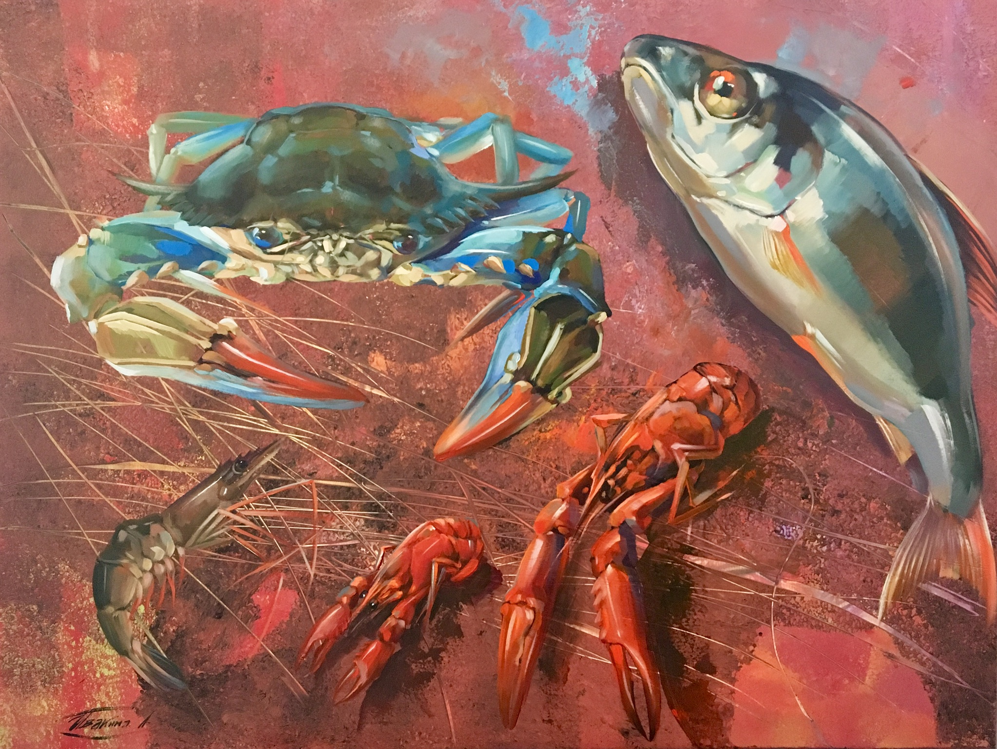 Seafood on red